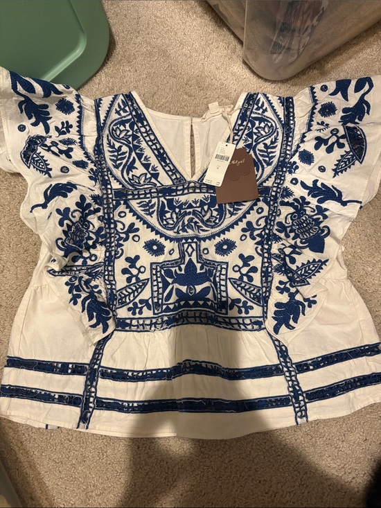 Anthropologie Tops - Anthropologie White Peasant Top with Blue Floral Embroidery